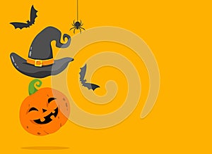 Halloween party background with happy pumpkin wears witches hat smiling with bats,spider isolated  on yellow texture, blank space