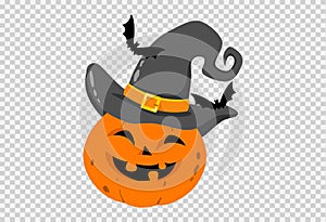 Halloween party background with happy pumpkin wears witches hat smiling with flying bats isolated  on png or transparent, blank