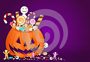 Halloween party  background with  pumpkin basket full of candies, sweets,cookies,eyes on yellow background, space for adding text