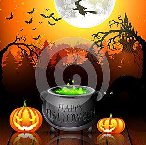 Halloween party background with pumpkins, pot and flying witches in full moon