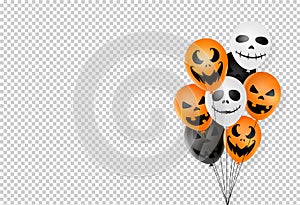 Halloween party   background with  scary black, white, orange air balloons isolated  on png or transparent , space for adding text