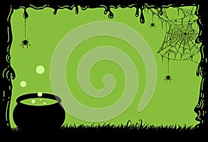 Halloween party background with slime, spiders, spiderwebs and cauldrons isolated on green texture, blank space for text,element