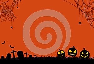 Halloween party background with spiders,spiderwebs,pumpkins,bats, cemetery isolated on orange texture, blank space for text,