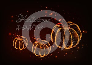 Halloween party background template with three glowing low polygonal pumpkins, stars and text on dark brown background.