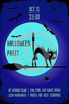 A Halloween party banner with a black cat on witch broom on dark blue background. Editable poster design template.