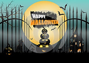 Halloween party banner, Fullmoon, Haunted House, Pumpkins in the graveyard