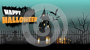 Halloween party banner, Haunted House, Pumpkins in the graveyard