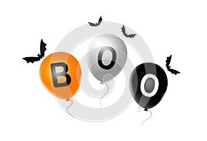 Halloween party  banner, orange  white , black , air balloons isolated  on white background, boo , space for add ,text , sale