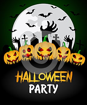 Halloween party banner. Poster with zombie hands in the cemetery and funny pumpkins . Halloween greeting card