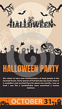 Halloween party banner, pumpkins and cemetery