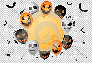 Halloween  party  banner ,scary balloons, bat,spider, spider web ,full moon isolated  on png or transparent  background, text boo,