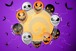 Halloween party  banner ,scary balloons, bat,spider, spider web ,full moon isolated  on purple  background, text boo, trick or