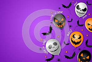 Halloween party  banner ,scary balloons, bat,spider, spider web ,isolated  on purple  background, text boo, trick or treat  ,  add