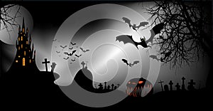 Halloween party banner, spooky dark background, silhouettes of characters and scary bats with gothic haunted castle, horror theme