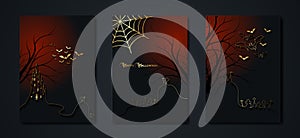 Halloween party banner, spooky dark red background, silhouettes of characters and scary bats with gothic haunted castle, horror