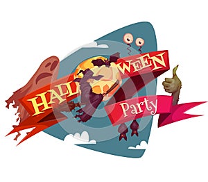 Halloween party banner wih witch and moon. Vector