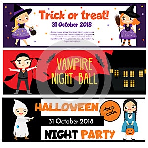 Halloween party banners. Invitations, advertisements with happy children having fun