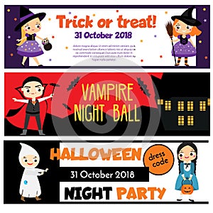 Halloween party banners. Invitations, advertisements with happy children having fun photo