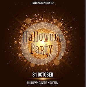 Halloween party. Bautiful text in the style of Horor. Abstract large bright flash of light with golden lights. The names of the cl