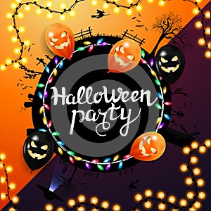 Halloween party, black round invitation poster with silhouette of the planet at Halloween night, autumn leafs, garland