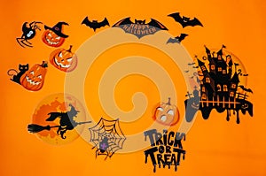 Halloween party border on orange backgrounds with pumpkins and animals