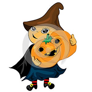 Halloween party boy holding pumpkin. jack lantern