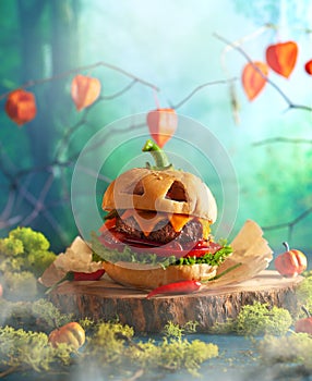 Halloween party burger in shape of scary pumpkin   on natural wooden board. Halloween food concept