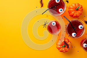 Halloween party concept. Top view photo of floating eyes punch in glasses pumpkins centipedes cockroach spiders and confetti on