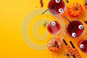 Halloween party concept. Top view photo of glasses with drink floating eyes punch straws pumpkins insects centipedes cockroach