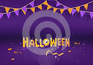 Halloween party, confetti and ribbons celebrate on the floor, room creative, festive holiday vector illustration