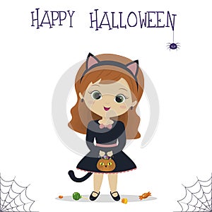 Halloween party. A cute girl in a cat costume is holding a pumpkin with candy corn, a spider and a cobweb. Postcard