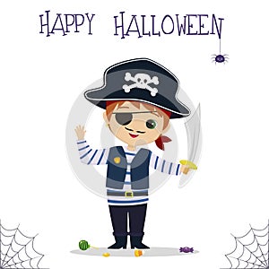 Halloween party. A cute Irish boy dressed as a pirate, holding a sword, candies and lollipops, a spider and a web