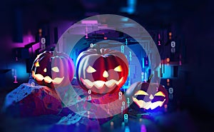 Halloween party in cyberpunk style. Pumpkin head in cyberspace