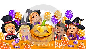 Halloween party design with cute kids in costume