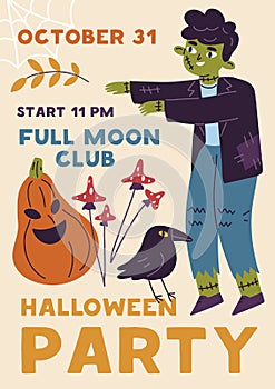 Halloween party flyer background design. Ad promotion card banner template with funny boy kid in zombie costume. October