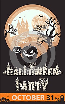Halloween party flyer. Bat and jack-o-lantern and moon