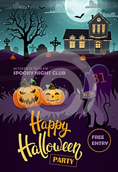 Halloween party flyer with black cat and jack o lanterns