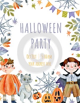 Halloween party flyer template with watercolor children in the costumes of a vampire and a pumpkin, and a cat