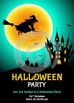 Halloween party flyer with witch silhouette, cemetery, castl