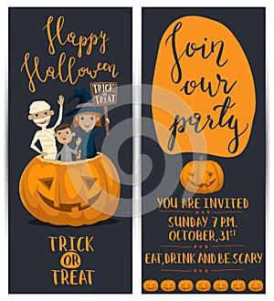 Halloween party flyers set with kids in costumes