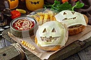 Halloween party food. Halloween party fun ghost burger, ketup sauce and  potatoes frie.
