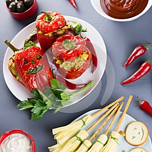 Halloween party food. Red stuffed peppers with scary cutout faces, witches brooms of cheese and other treats