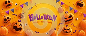 Halloween Party. Group of 3D illustration Jack O Lantern pumpkin on treat or trick fun party celebration background design