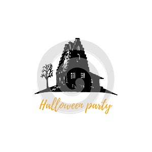 Halloween Party, hand lettering. Vector illustration of sinister house. Design concept for party invitation, poster.