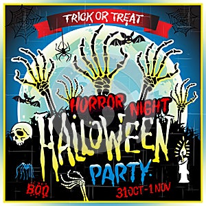 Halloween party horror night poster design template. Vector illustration.