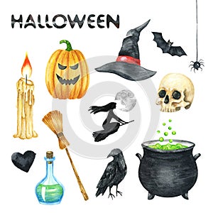 Halloween Party Illustration. Candle, Pumpkin,, Witch Hat, Bat, Scull, Black Heart, Poison Bottle, Raven, Witch Pot, Witch, Full M