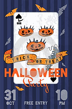 Halloween party illustration with pumpkins, bats and playing card.