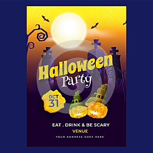 Halloween Party invitation card design with scary pumpkin wearing witch hat and haunted house.