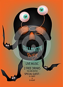 Halloween party invitation card with funny scull with jumped eyes and bats photo