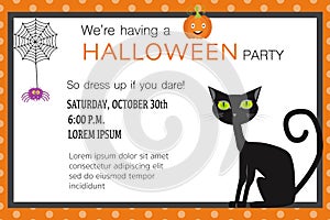 Halloween party invitation cards spider web and black cat illustration EPS10.